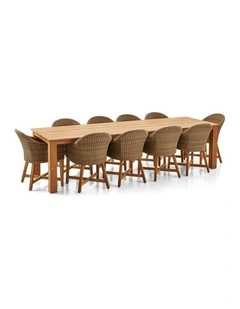 Barbados Outdoor Teak 3m Dining table Brushed Wheat 10 Coastal Wicker Chairs & Cream Cushions