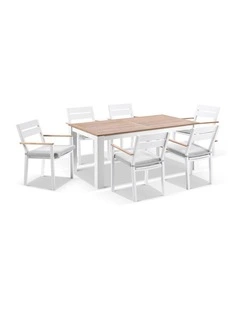 Balmoral 1.8m Teak Top  Table White With 6 Capri Dining Chairs & Textured Olefin Grey Cushions