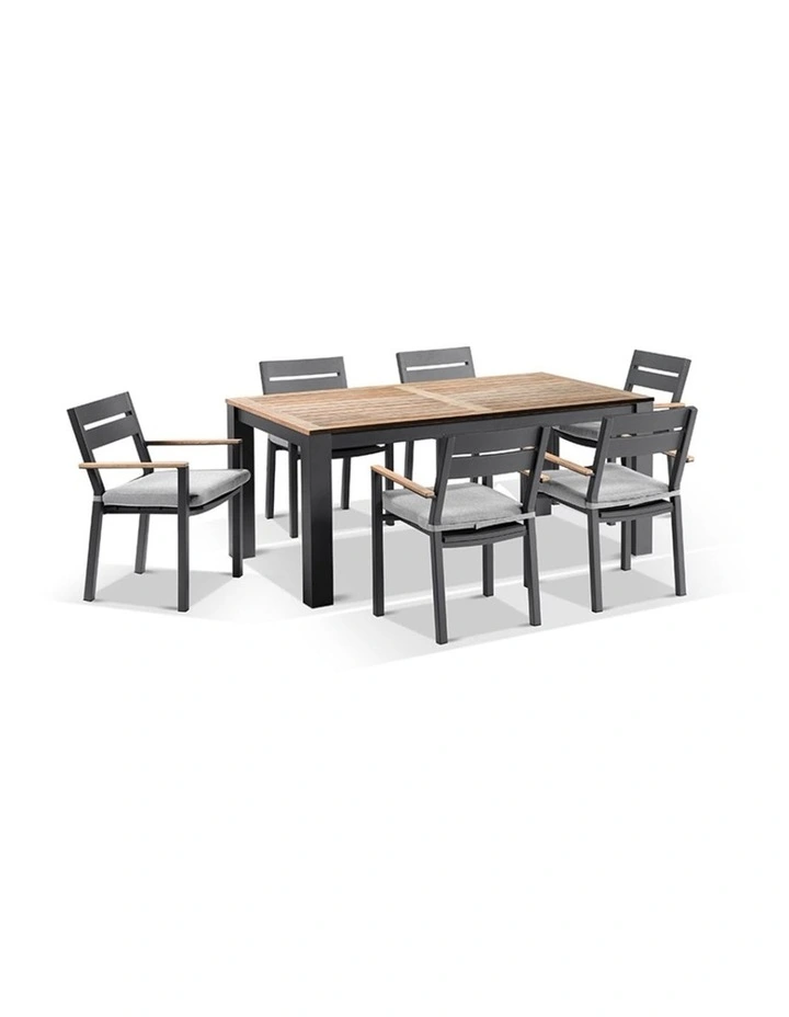 Balmoral 1.8m Teak Top Table Charcoal With 6 Capri Dining Chairs & Textured Olefin Grey Cushions image 1
