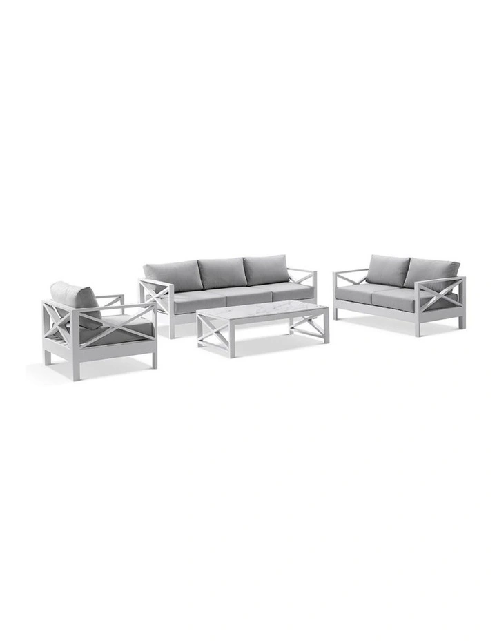 Kansas 3 2 1 seater Outdoor Lounge Set White With Coffee Table & Textured Olefin Grey Cushions image 1