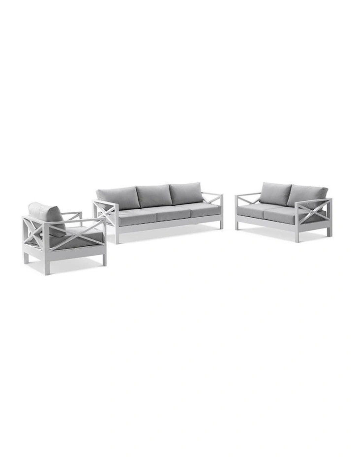 Kansas 3 2 1 seater Outdoor Lounge Set White With Coffee Table & Textured Olefin Grey Cushions image 2