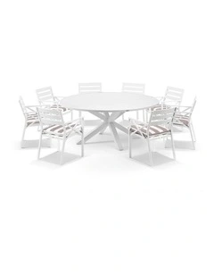 Houston Outdoor 1.8m Dining Set White 8 Kansas Chairs & Sunbrella Maxim Heather Beige Cushions