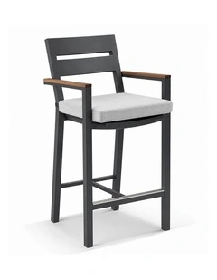 Capri Outdoor Aluminium and Teak Timber Bar Stool Charcoal & Textured Olefin Grey Cushions