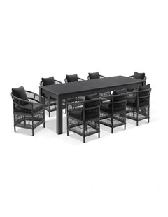 Santorini 2.5 Outdoor  Dining Table Charcoal With 8 Malawi Style Chairs & Denim Grey Cushions