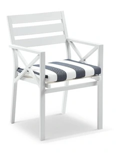 Kansas Outdoor Aluminium Dining Arm Chair White & Navy Stripe Cushions
