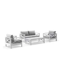 Kansas 2 1 1 seater Outdoor  Lounge Set White With Coffee Table & Textured Olefin Grey Cushions