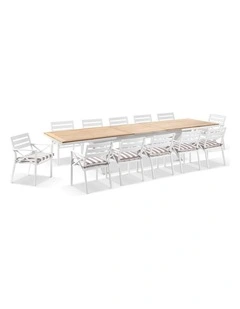 Austin Outdoor 3 - 3.8m Extension Teak/ Table White  12 Kansas Chairs & Sunbrella Stripe Cushions