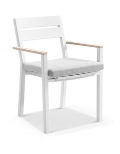 Capri Outdoor  Dining Chair White With Teak Timber Arm Rests & Textured Olefin Grey Cushions