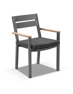 Capri Outdoor Aluminium Dining Chair Charcoal With Teak Timber Arm Rests & Denim Grey Cushions