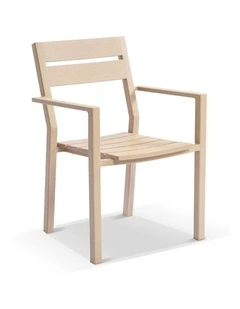 Santorini Outdoor Aluminium Dining Arm Chair Light Oak & Olefin White Cushions