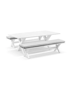 Tahitian 2.1m Outdoor  Dining Setting White With Bench Seats & Textured Olefin Grey Cushions