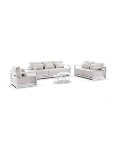 Whitehaven 3 2 1 Seater Outdoor  Lounge Set White  Hugo Coffee Table & Sandstone Olefin Cushions