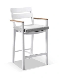 Capri Outdoor Aluminium and Teak Timber Bar Stool White & Textured Olefin Grey Cushions