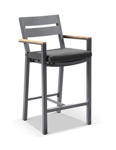 Capri Outdoor Aluminium and Teak Timber Bar Stool Charcoal & Denim Grey Cushions