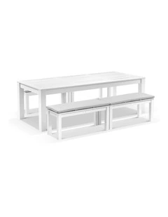 Santorini 2.5m Rectangle  Dining Table White With 4 Bench Seats & Textured Olefin Grey Cushions