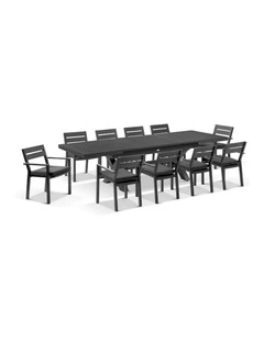 Austin Outdoor 2.2m - 3m Extension  Table Charcoal With 10 Santorini Chairs & Olefin Grey Cushions