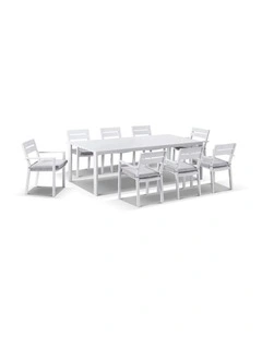 Capri 8 Seater Outdoor  Dining Setting White With Santorini Chairs & Textured Olefin Grey Cushions