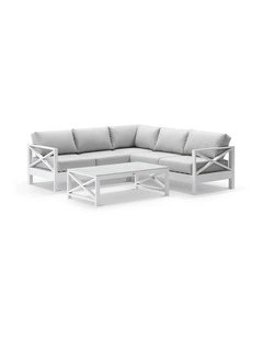Kansas Outdoor  Corner Modular Lounge Set White With Coffee Table & Textured Olefin Grey Cushions