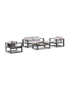 Balmoral 2 1 1 Seater Outdoor  and Teak Lounge Setting Charcoal & Textured Olefin Grey Cushions