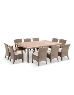 Sahara 10 Seat Teak Dining Table Patio Setting Brushed Wheat Kai Wicker Chairs & Cream Cushions