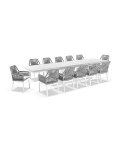 Austin Outdoor 3m - 3.8m Extension  Table White With 12 Hugo Dining Chairs & Textured Grey Cushions
