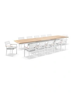 Austin Outdoor 3m - 3.8m Extension Teak/ Table White With 12 Capri Chairs & Olefin Grey Cushions