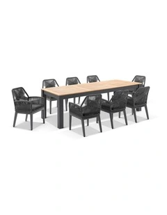 Balmoral 2.5m Outdoor Teak Top  Table Charcoal With 8 Hugo Rope Chairs & Denim Grey Cushions