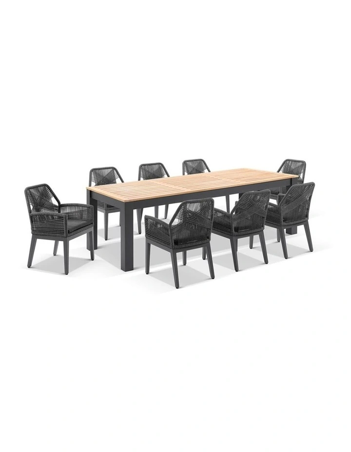 Balmoral 2.5m Outdoor Teak Top Table Charcoal With 8 Hugo Rope Chairs & Denim Grey Cushions image 1