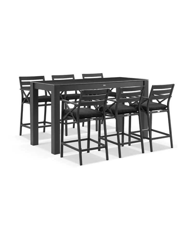 Hugo Outdoor Ceramic 2m Rectangle Bar Table Charcoal With 6 Kansas Stools & Olefin Grey Cushions image 1
