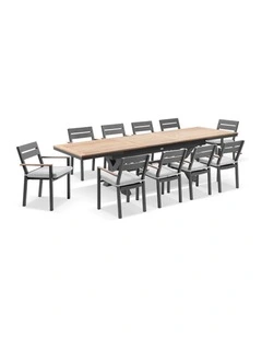 Austin Outdoor 2.2m - 3m Extension Teak/ Table Charcoal With 10 Capri Chairs & Olefin Grey Cushions