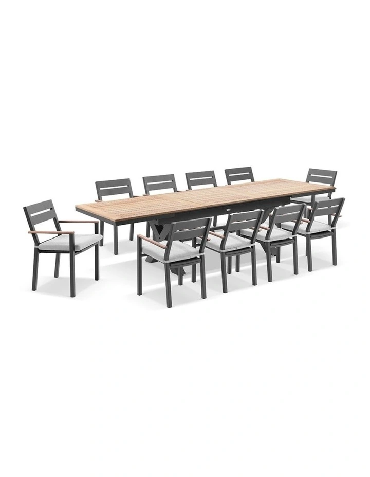 Austin Outdoor 2.2m - 3m Extension Teak/ Table Charcoal With 10 Capri Chairs & Olefin Grey Cushions image 1