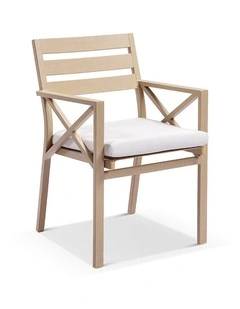 Kansas Outdoor Aluminium Dining Arm Chair Light Oak Look & Olefin White Cushions