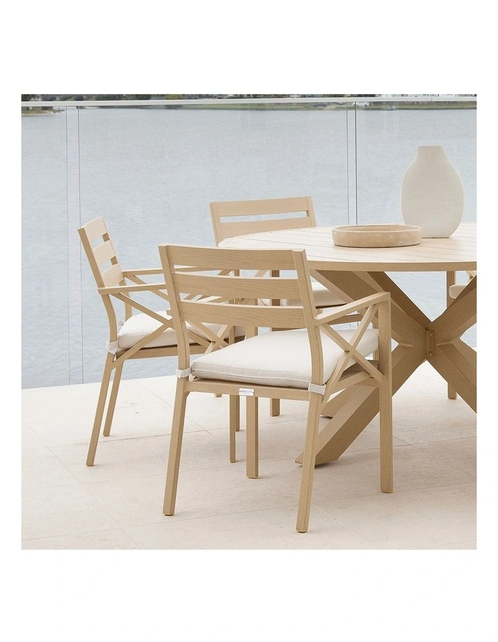 Kansas Outdoor Aluminium Dining Arm Chair Light Oak Look & Olefin White Cushions image 3