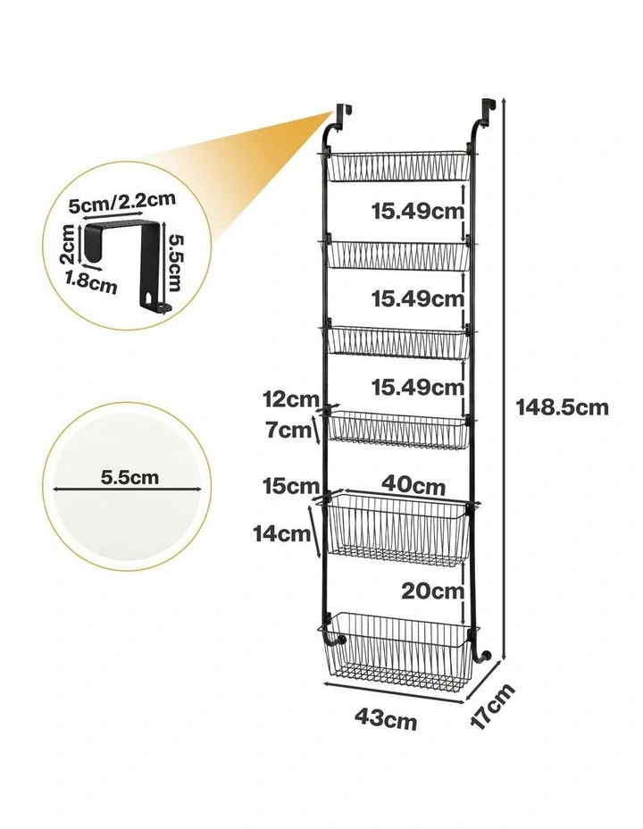 Toque Over the Door Pantry Organiser 6 Tiers Metal Hanging Storage Rack Black image 3