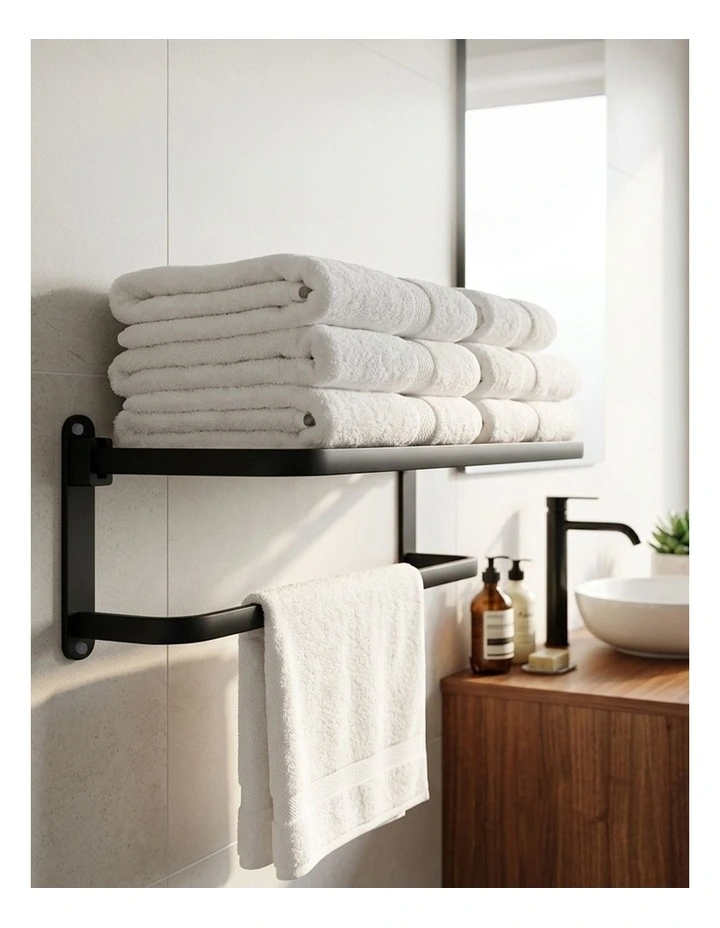Levede Towel Rack Bathroom 2 Bars Rail Holder Wall Mounted Storage Shelf Black image 7