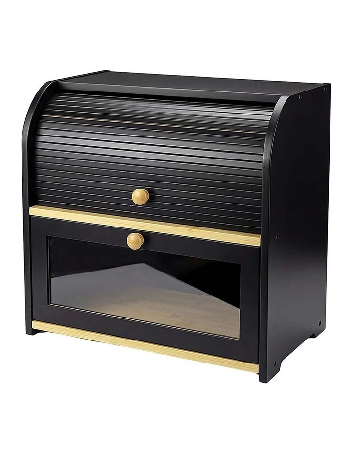 Toque Bread Bin Box 2 Tier Roll Top Bread Bin Kitchen Counter Storage Bamboo image 1