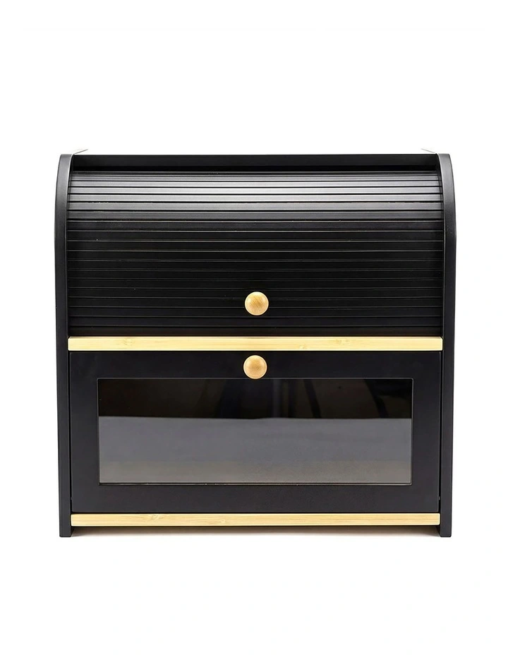 Toque Bread Bin Box 2 Tier Roll Top Bread Bin Kitchen Counter Storage Bamboo image 2
