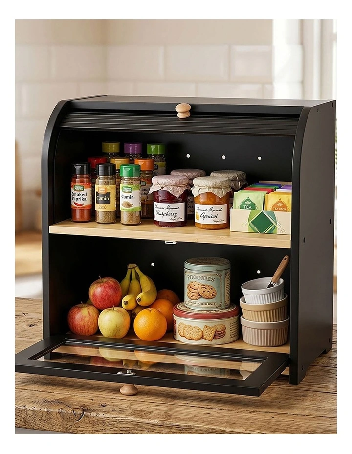 Toque Bread Bin Box 2 Tier Roll Top Bread Bin Kitchen Counter Storage Bamboo image 7
