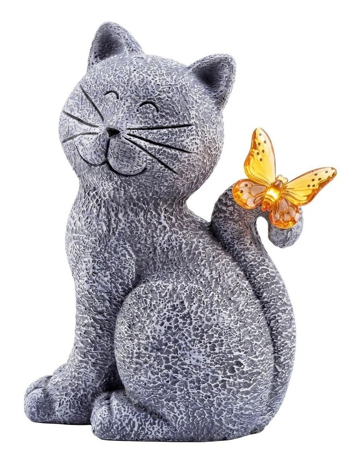 Emitto Solar Cat Butterfly Garden Statue LED Light Resin Outdoor Garden Decor image 1