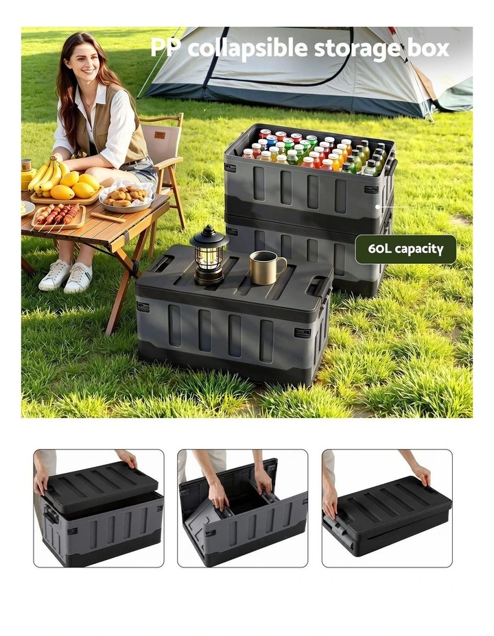 Gardeon Collapsible Outdoor Storage Box 60L Stackable Folding Camping Organizer Black image 4