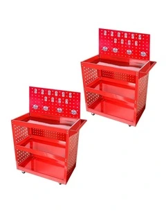 SOGA 2X 3 Tier Heavy Duty Tool Storage Cart Mobile Utility Trolley with Drawer & Hooks Red