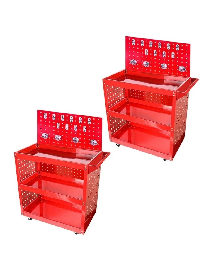 SOGA 2X 3 Tier Heavy Duty Tool Storage Cart Mobile Utility Trolley with Drawer & Hooks Red image 1