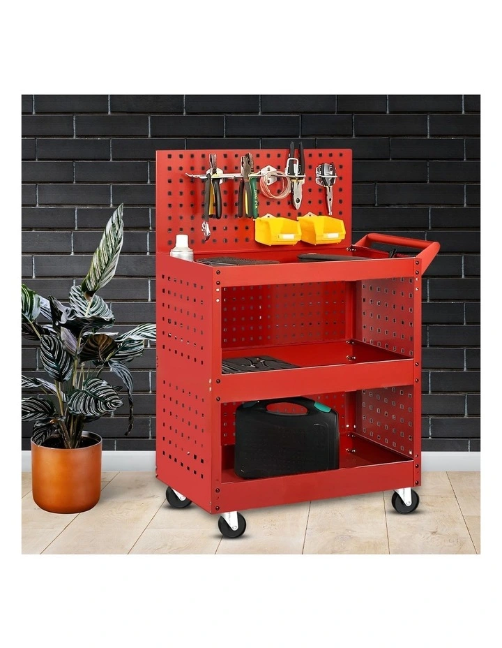 SOGA 2X 3 Tier Heavy Duty Tool Storage Cart Mobile Utility Trolley with Drawer & Hooks Red image 2