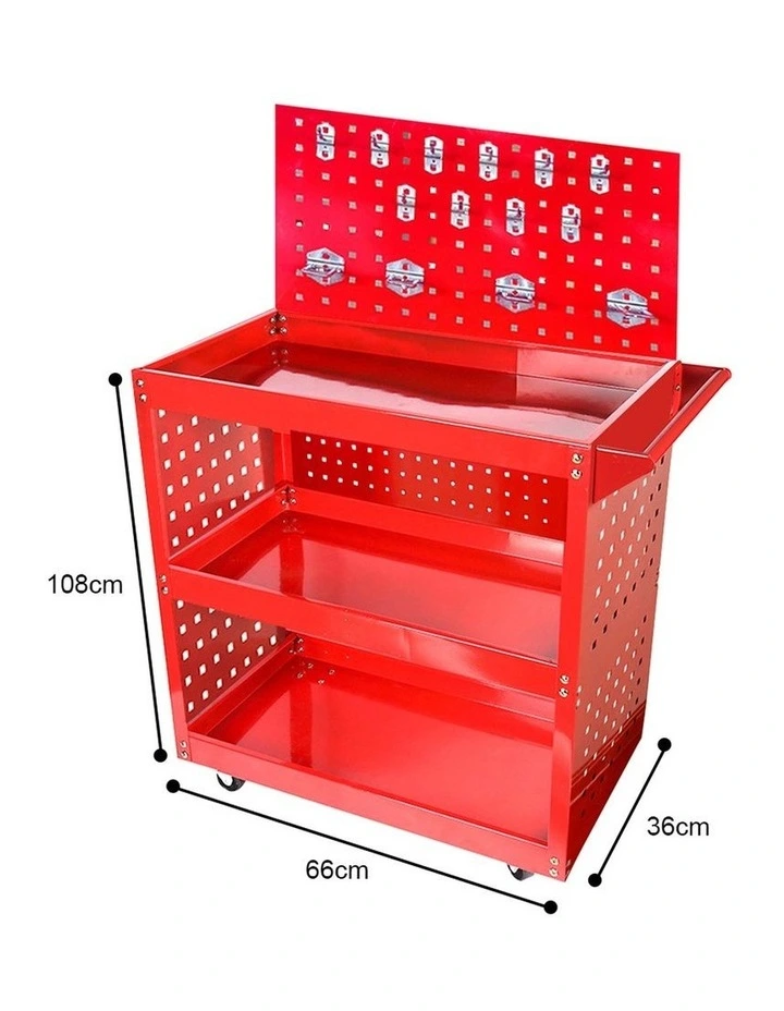 SOGA 2X 3 Tier Heavy Duty Tool Storage Cart Mobile Utility Trolley with Drawer & Hooks Red image 4