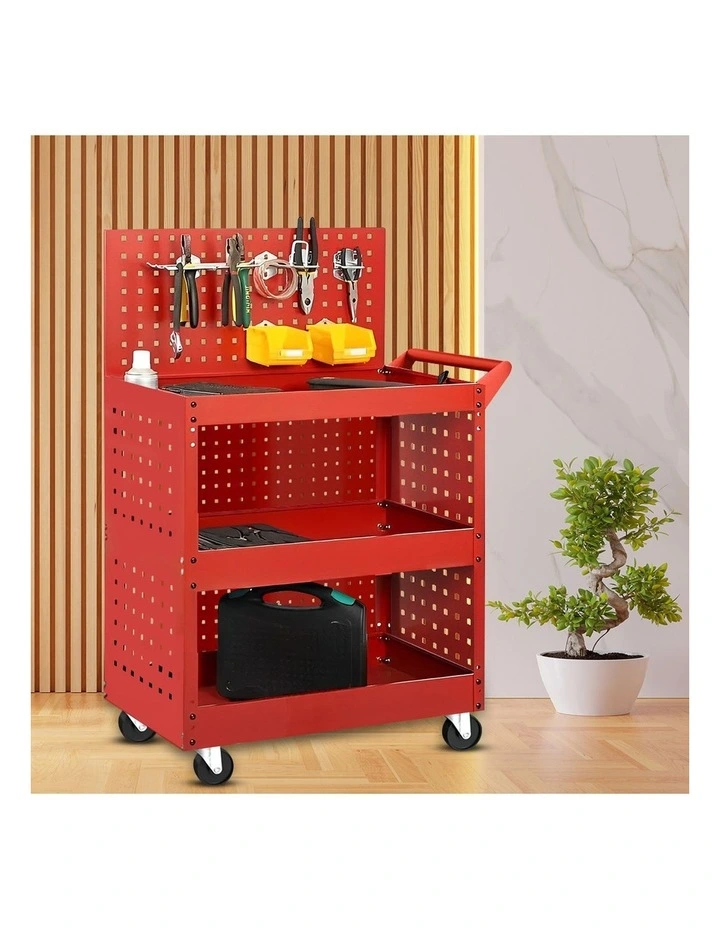 SOGA 2X 3 Tier Heavy Duty Tool Storage Cart Mobile Utility Trolley with Drawer & Hooks Red image 5