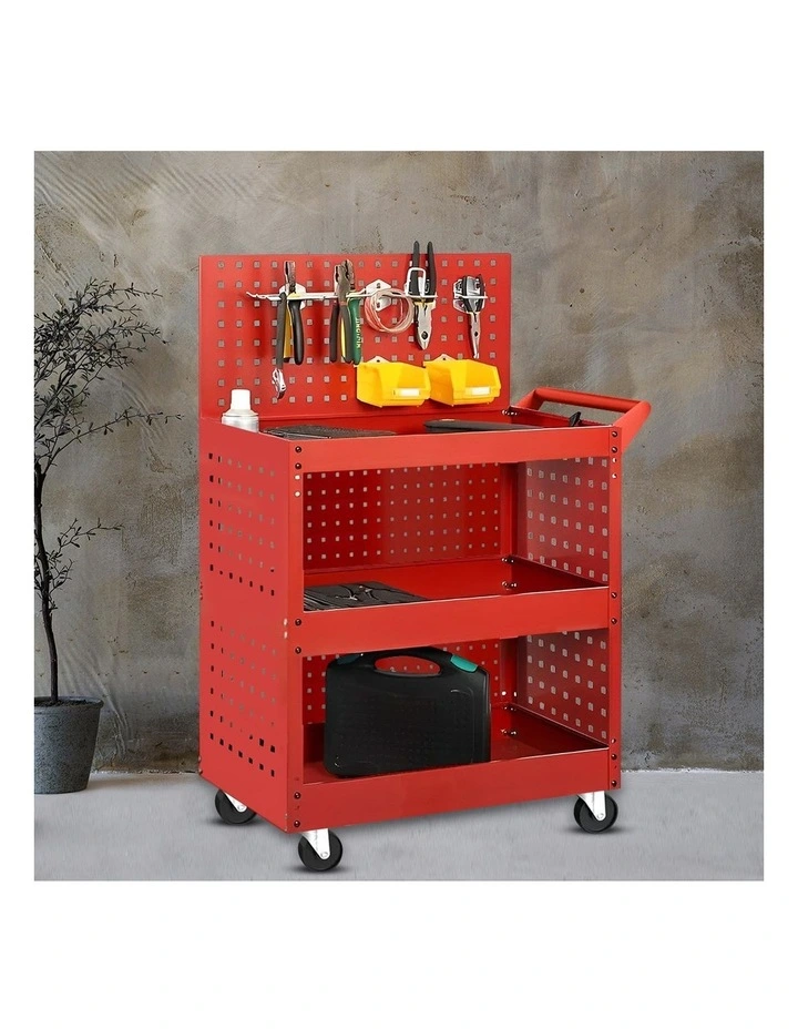 SOGA 2X 3 Tier Heavy Duty Tool Storage Cart Mobile Utility Trolley with Drawer & Hooks Red image 6