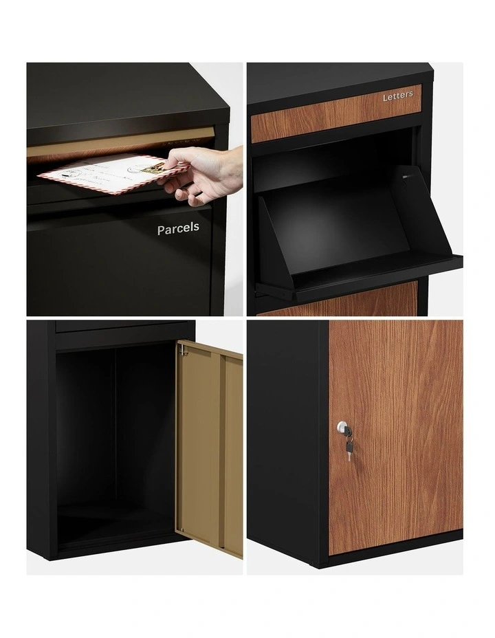 Oikiture Steel Parcel Letterbox Drop Box Package Lockable Storage Walnut&Black image 6