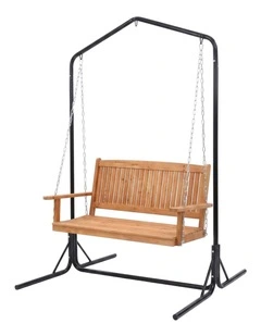 Gardeon Wooden 2-Seater Outdoor Swing Chair with Black Stand Hanging Chair Patio Furniture