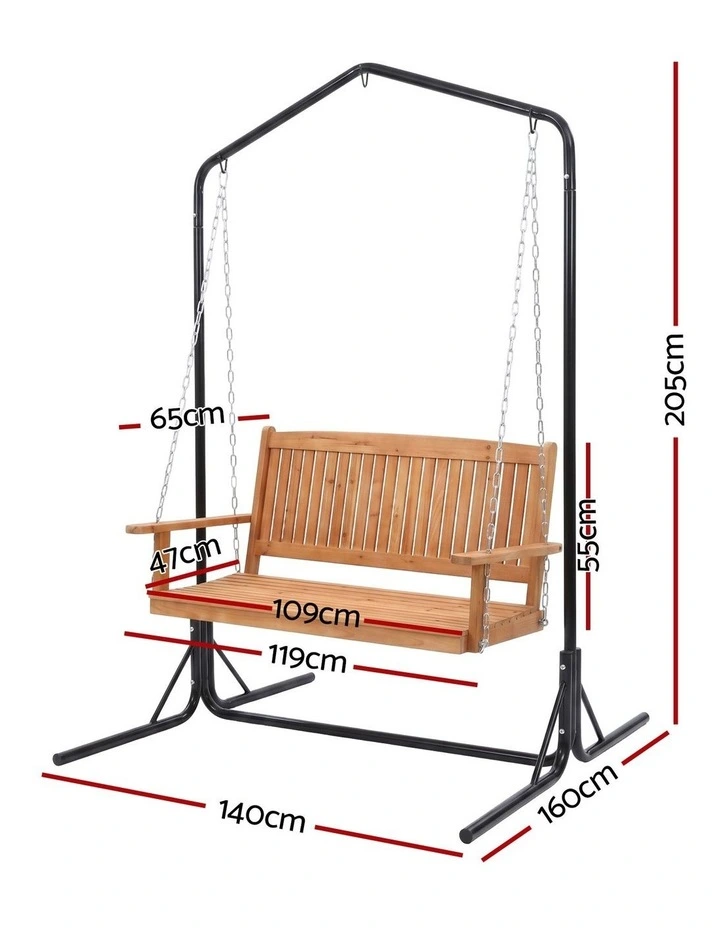 Gardeon Wooden 2-Seater Outdoor Swing Chair with Black Stand Hanging Chair Patio Furniture image 2