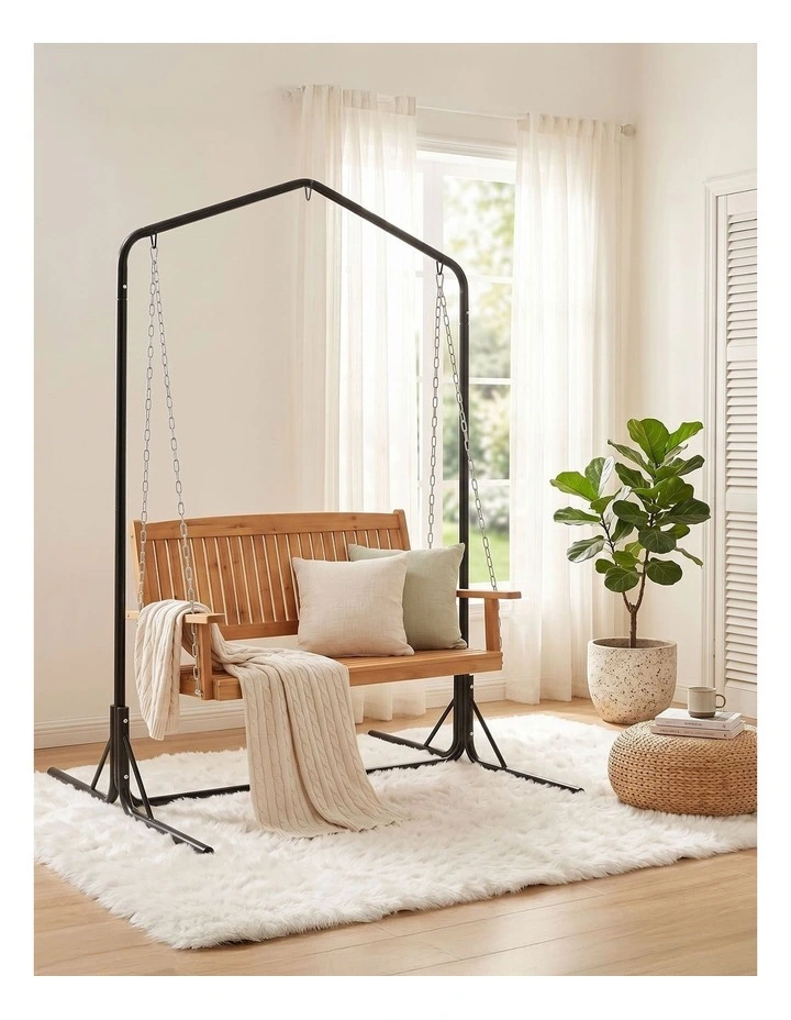 Gardeon Wooden 2-Seater Outdoor Swing Chair with Black Stand Hanging Chair Patio Furniture image 5